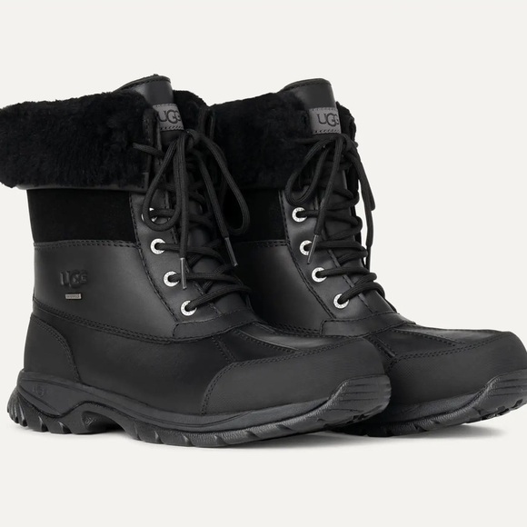 UGG Butte Black Waterproof Leather Sheepskin Winter Snow Boots Size US 8.5 Men - Picture 1 of 15